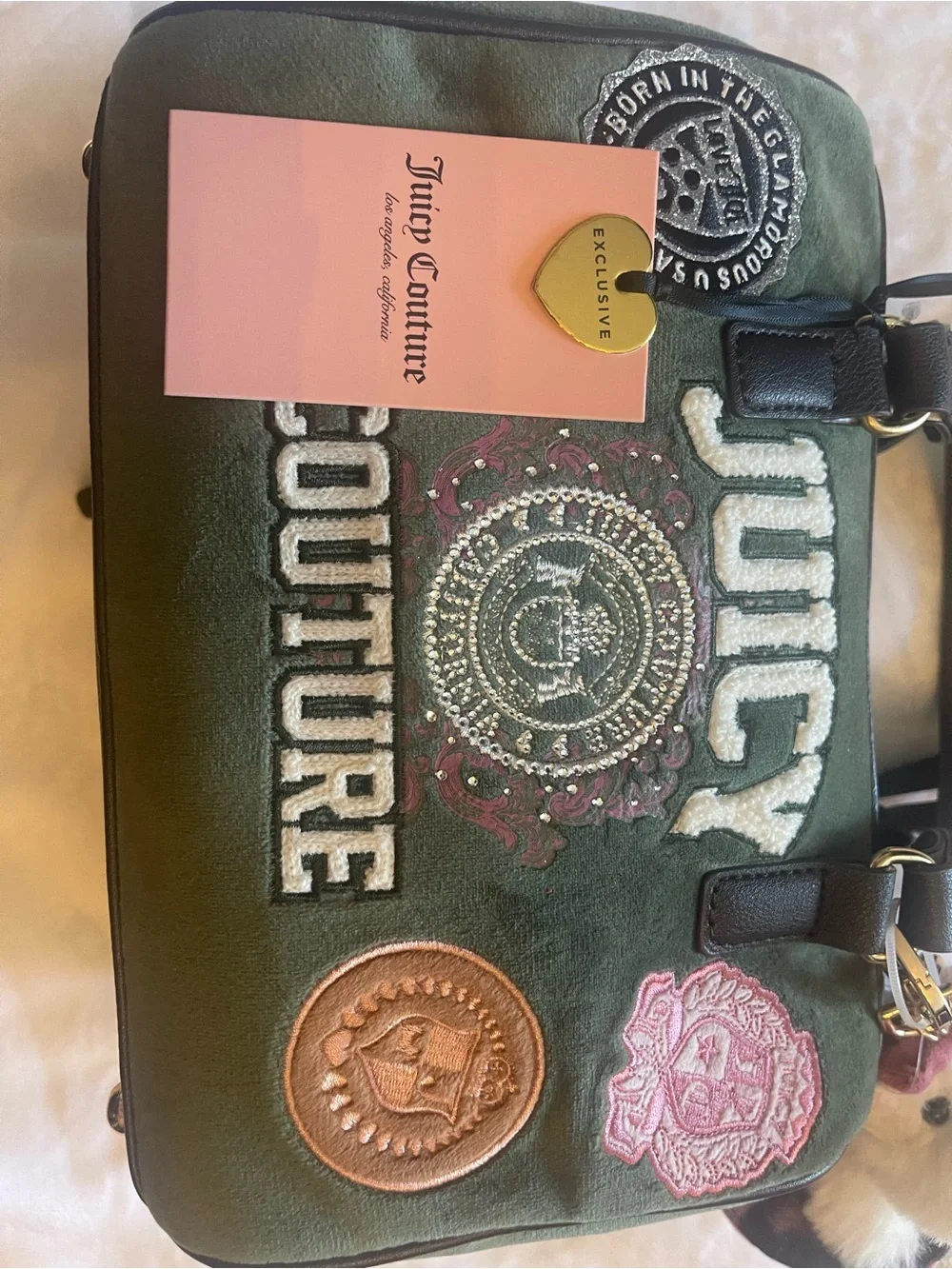 Juicy Couture Olive Green Embroidered Logo Satchel with Puppy Cream Pom!